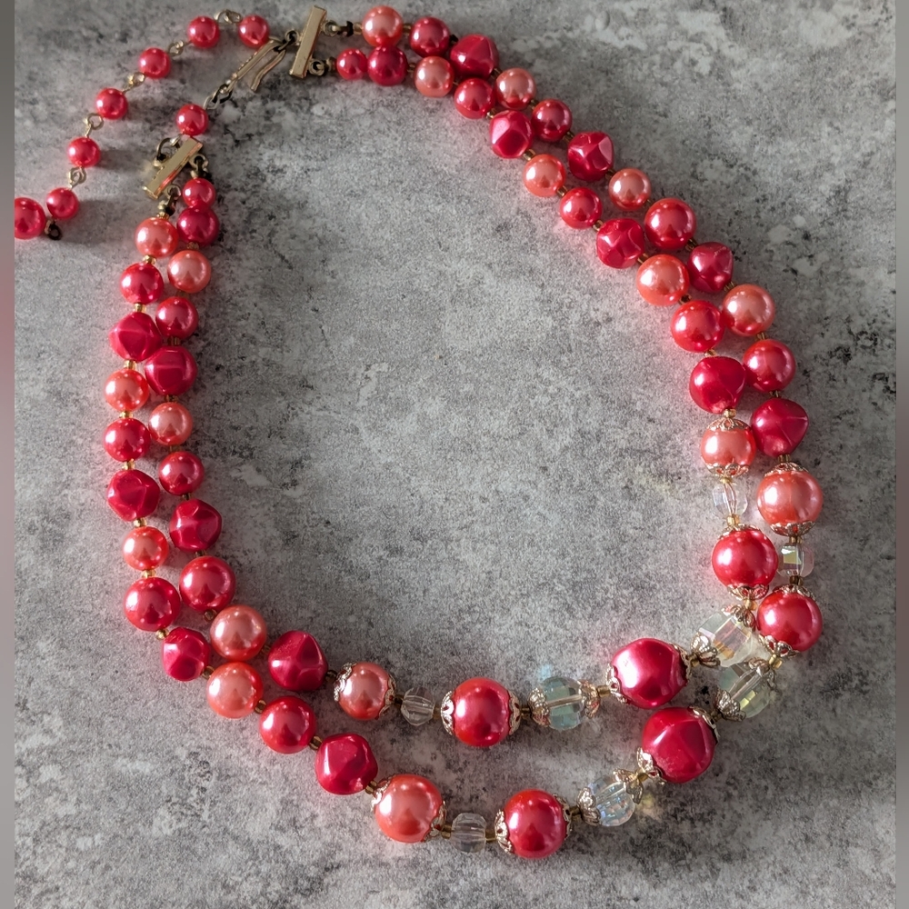 Vintage Rose Colored Beaded Necklace Stamped Japan